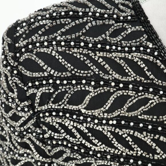 Laurence Kazar Top Plus Size 2X XXL Black Silk Blouse Silver Beads Vintage - Picture 10 of 13